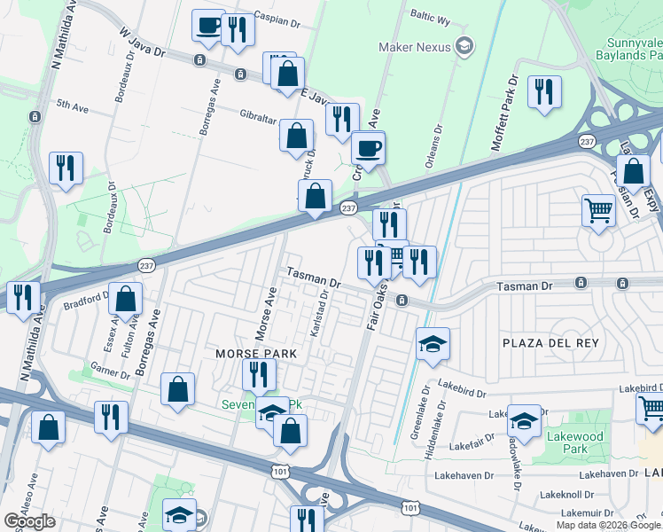 map of restaurants, bars, coffee shops, grocery stores, and more near 1151 La Rochelle Terrace in Sunnyvale
