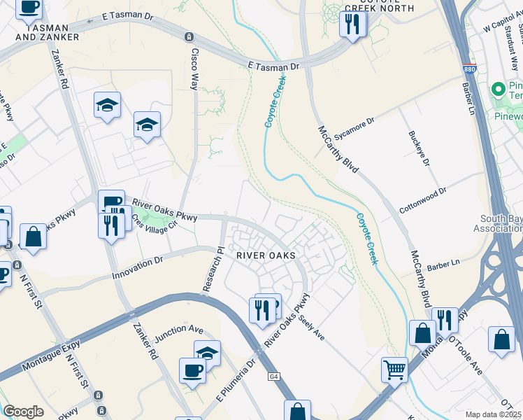 map of restaurants, bars, coffee shops, grocery stores, and more near 405 River Oaks Parkway in San Jose