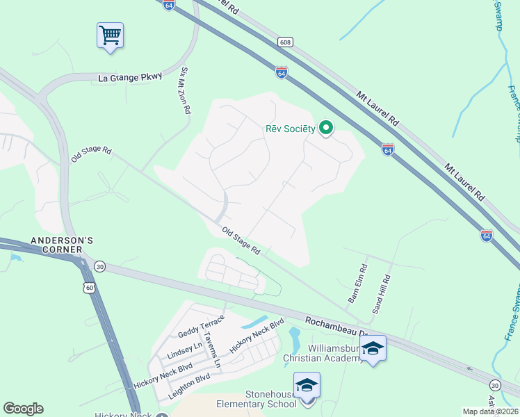 map of restaurants, bars, coffee shops, grocery stores, and more near 121 Norman Davis Drive in Toano