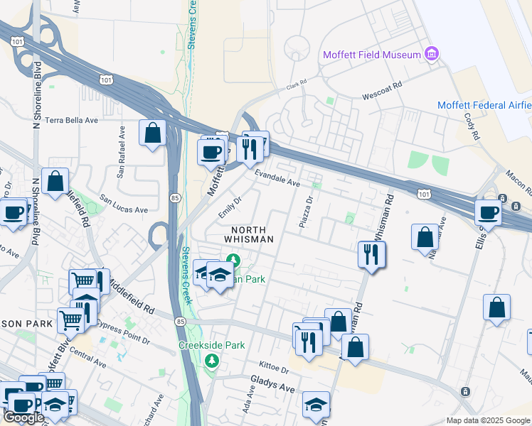 map of restaurants, bars, coffee shops, grocery stores, and more near 536 Easy Street in Mountain View