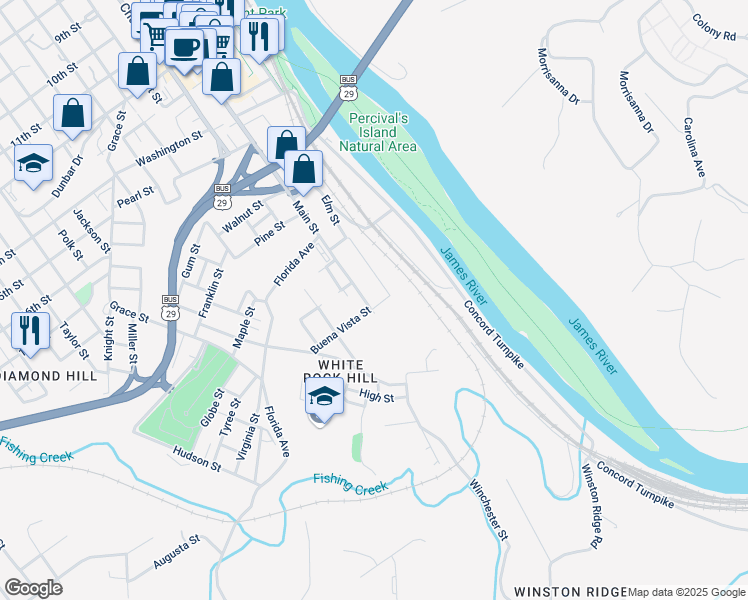 map of restaurants, bars, coffee shops, grocery stores, and more near 2134 Main St in Lynchburg
