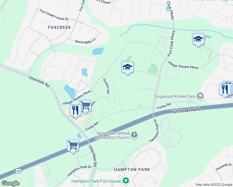 map of restaurants, bars, coffee shops, grocery stores, and more near 6937 Leire Lane in Chesterfield