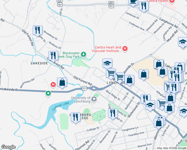 map of restaurants, bars, coffee shops, grocery stores, and more near 3100 Staunton Street in Lynchburg