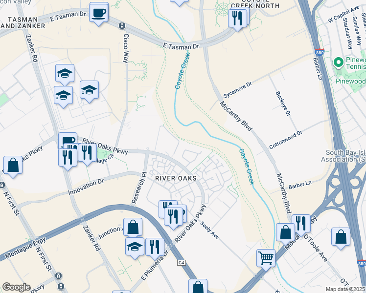 map of restaurants, bars, coffee shops, grocery stores, and more near 415 Camille Circle in San Jose