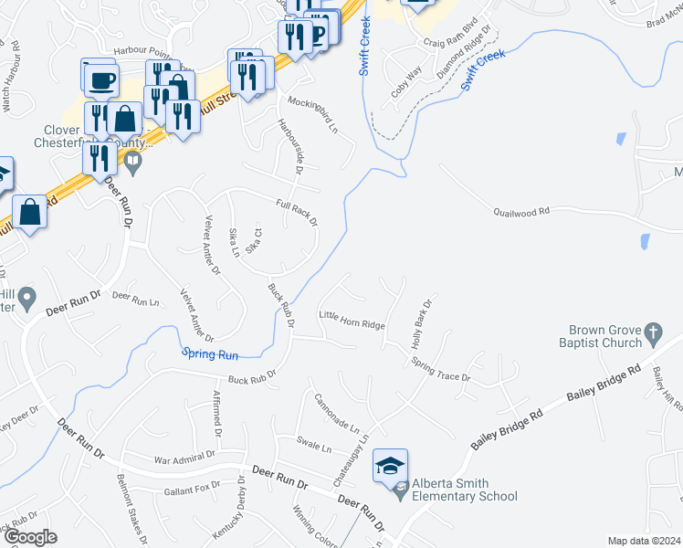 map of restaurants, bars, coffee shops, grocery stores, and more near 6906 Whistlers Cove Drive in Midlothian