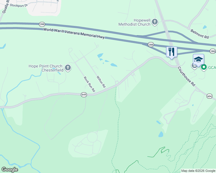 map of restaurants, bars, coffee shops, grocery stores, and more near 6641 Wilton Road in Chesterfield