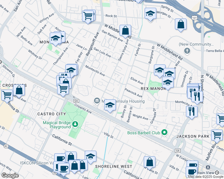 map of restaurants, bars, coffee shops, grocery stores, and more near 229 Sierra Vista Avenue in Mountain View
