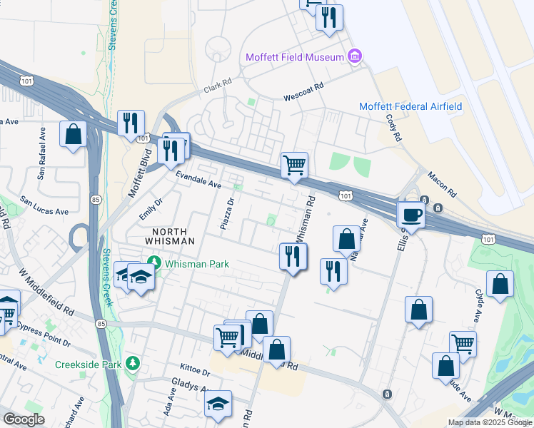 map of restaurants, bars, coffee shops, grocery stores, and more near 58A Devonshire Avenue in Mountain View