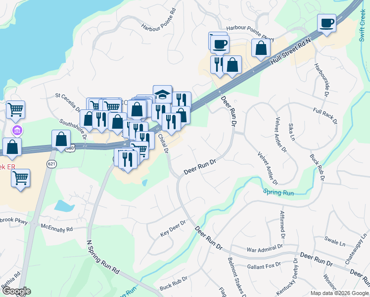map of restaurants, bars, coffee shops, grocery stores, and more near 6909 Chital Drive in Midlothian