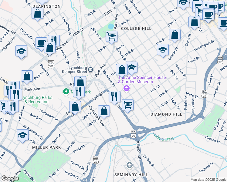 map of restaurants, bars, coffee shops, grocery stores, and more near 1704 12th Street in Lynchburg