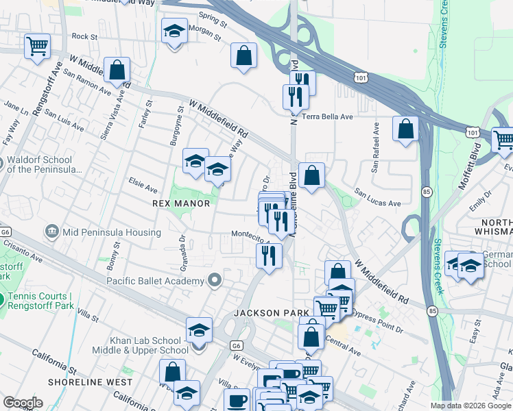 map of restaurants, bars, coffee shops, grocery stores, and more near 726 Vaquero Dr in Mountain View