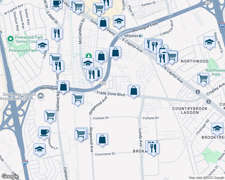 map of restaurants, bars, coffee shops, grocery stores, and more near 528 Odyssey Lane in Milpitas