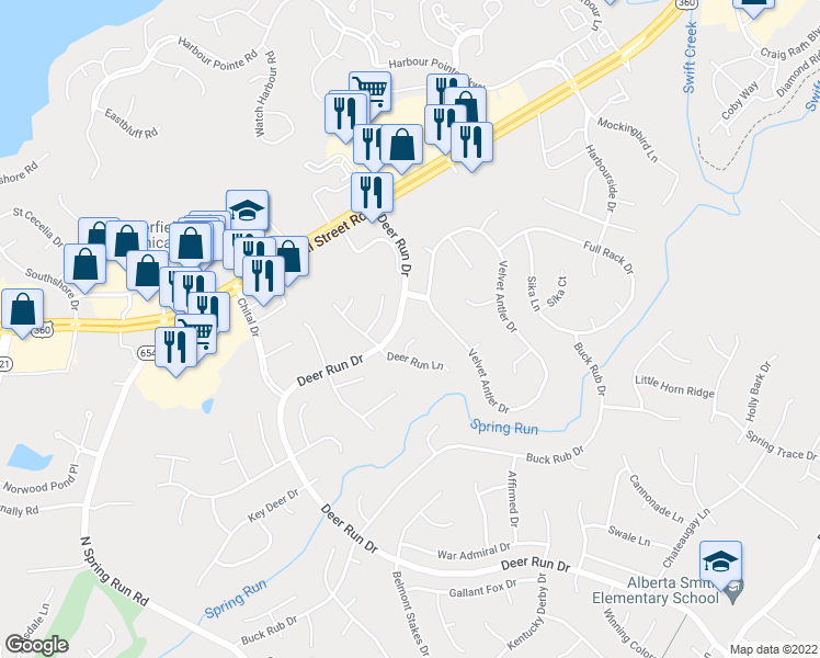 map of restaurants, bars, coffee shops, grocery stores, and more near 13802 Deer Run Way in Midlothian