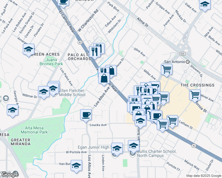 map of restaurants, bars, coffee shops, grocery stores, and more near 4350 El Camino Real in Los Altos