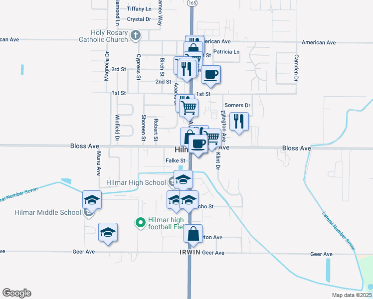 map of restaurants, bars, coffee shops, grocery stores, and more near 19960 American Avenue in Hilmar