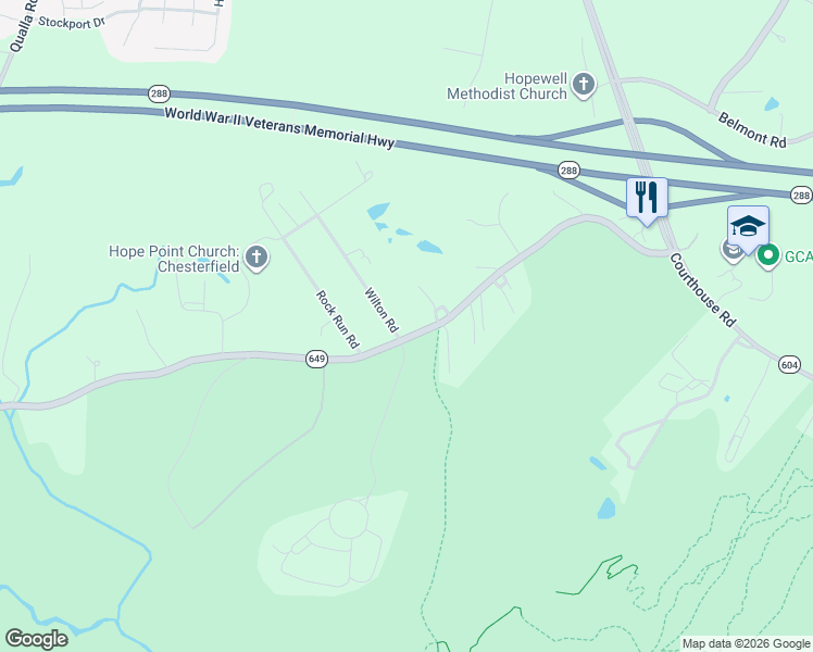 map of restaurants, bars, coffee shops, grocery stores, and more near 6641 Wilton Road in Chesterfield