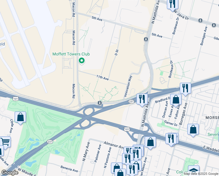 map of restaurants, bars, coffee shops, grocery stores, and more near 807 11th Avenue in Sunnyvale
