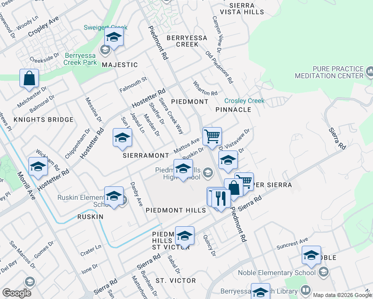 map of restaurants, bars, coffee shops, grocery stores, and more near 3264 Mattos Avenue in San Jose
