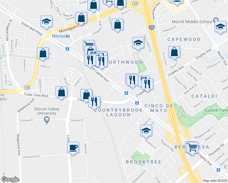 map of restaurants, bars, coffee shops, grocery stores, and more near 2215 Beech Circle in San Jose