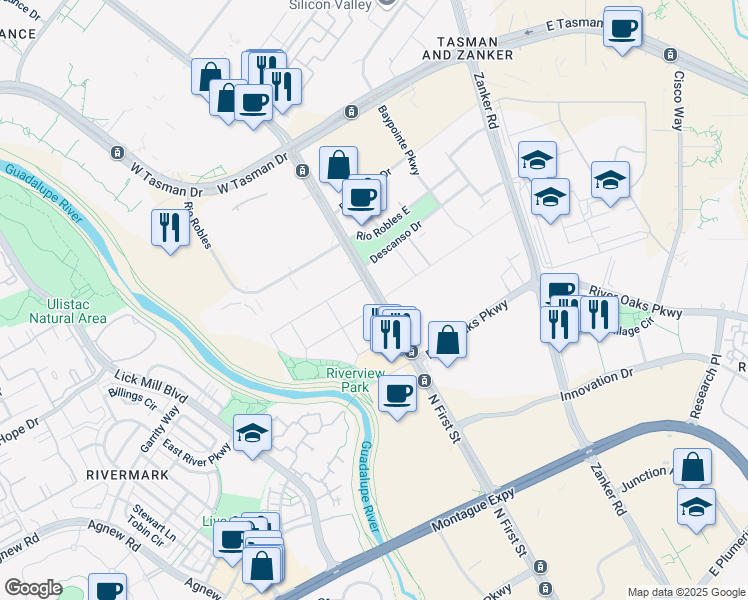 map of restaurants, bars, coffee shops, grocery stores, and more near 3475 North 1st Street in San Jose