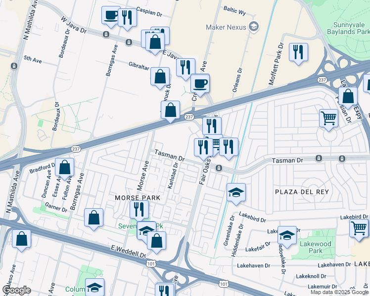 map of restaurants, bars, coffee shops, grocery stores, and more near 1156 La Rochelle Terrace in Sunnyvale