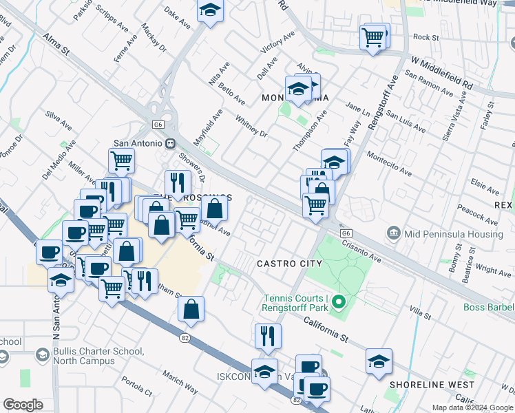 map of restaurants, bars, coffee shops, grocery stores, and more near 40 Paragon Court in Mountain View