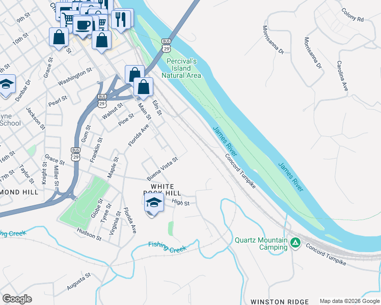 map of restaurants, bars, coffee shops, grocery stores, and more near 68 Buena Vista Street in Lynchburg