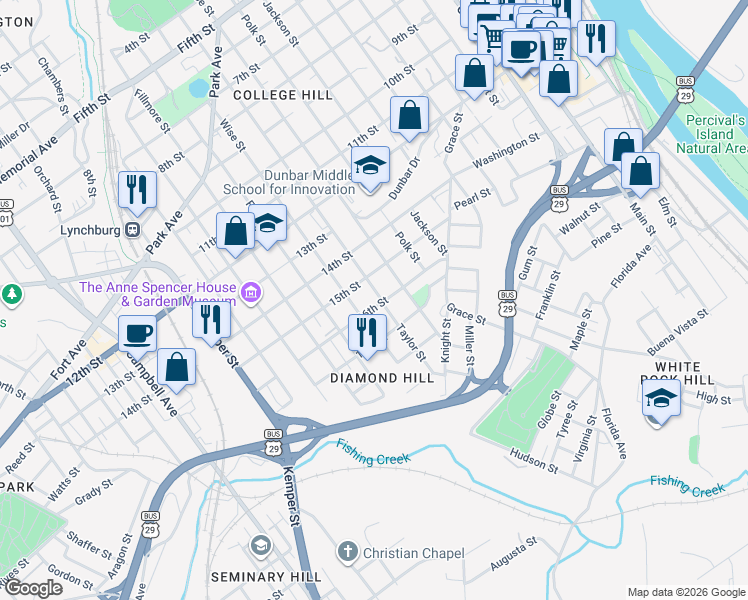 map of restaurants, bars, coffee shops, grocery stores, and more near 1114 16th Street in Lynchburg
