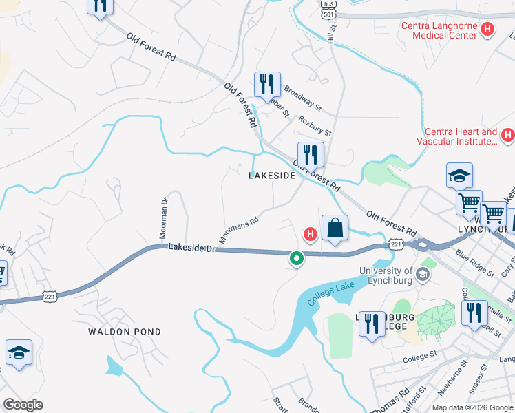 map of restaurants, bars, coffee shops, grocery stores, and more near 1708 Moormans Road in Lynchburg