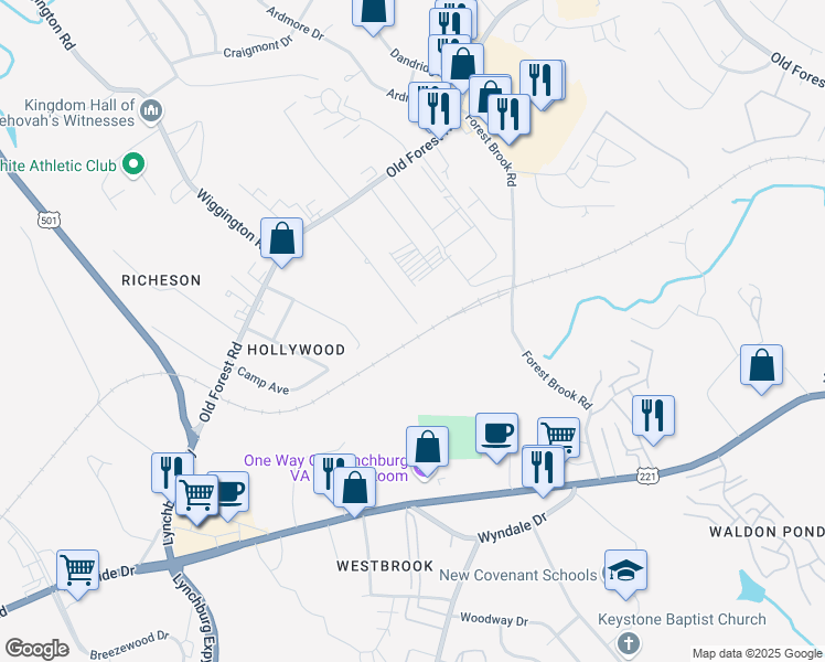 map of restaurants, bars, coffee shops, grocery stores, and more near 135 Primrose Lane in Lynchburg