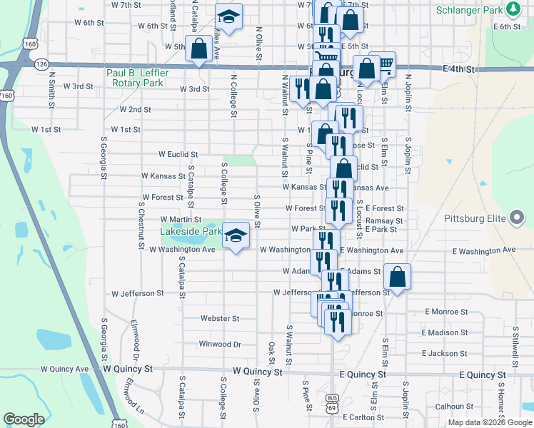 map of restaurants, bars, coffee shops, grocery stores, and more near 211 West Forest Street in Pittsburg