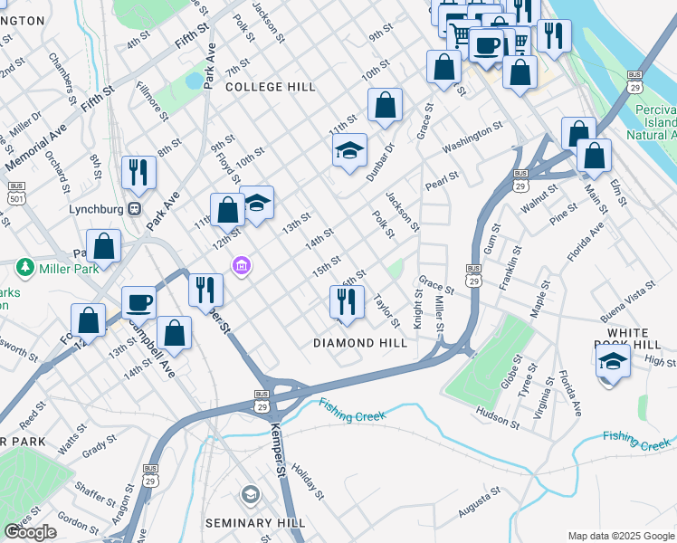 map of restaurants, bars, coffee shops, grocery stores, and more near 1516 Wise Street in Lynchburg