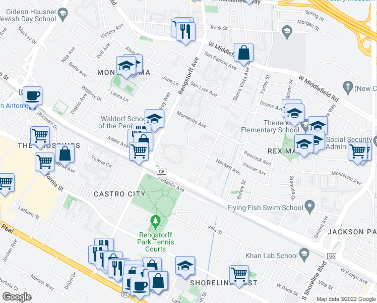 map of restaurants, bars, coffee shops, grocery stores, and more near 1 Montebello Avenue in Mountain View