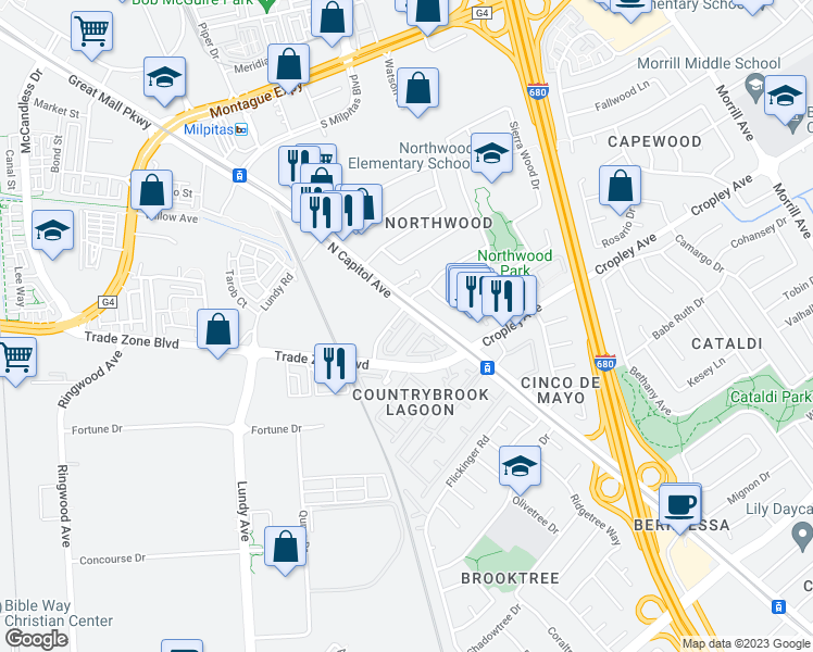 map of restaurants, bars, coffee shops, grocery stores, and more near 2215 Beech Circle in San Jose