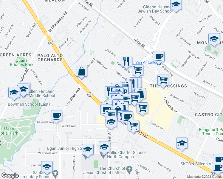 map of restaurants, bars, coffee shops, grocery stores, and more near Fayette Drive in Mountain View