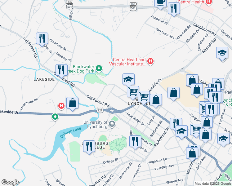 map of restaurants, bars, coffee shops, grocery stores, and more near 3100 Staunton Street in Lynchburg