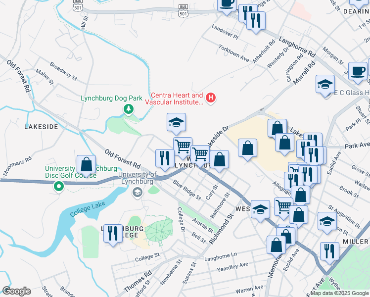 map of restaurants, bars, coffee shops, grocery stores, and more near 401 Monticello Avenue in Lynchburg