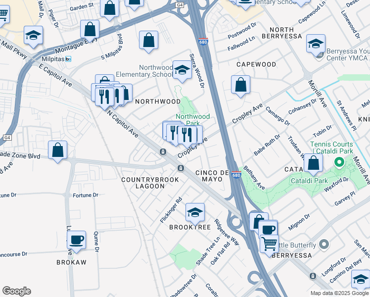 map of restaurants, bars, coffee shops, grocery stores, and more near 2669b Cropley Avenue in San Jose