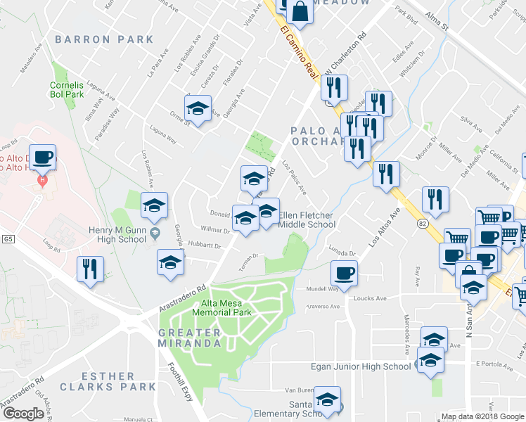 map of restaurants, bars, coffee shops, grocery stores, and more near 4218 Pomona Avenue in Palo Alto