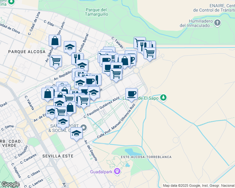 map of restaurants, bars, coffee shops, grocery stores, and more near 1 Calle Periodista Juan Tribuna in Sevilla