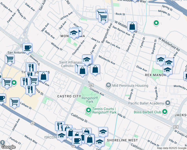 map of restaurants, bars, coffee shops, grocery stores, and more near 111 North Rengstorff Avenue in Mountain View