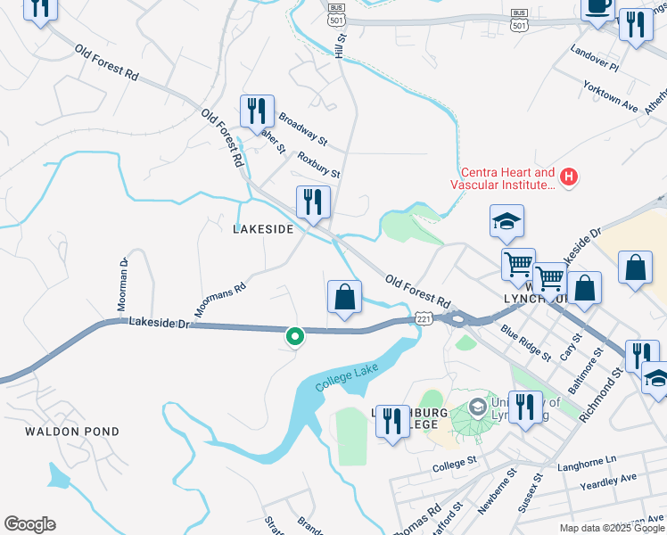 map of restaurants, bars, coffee shops, grocery stores, and more near 3504 Joel St in Lynchburg