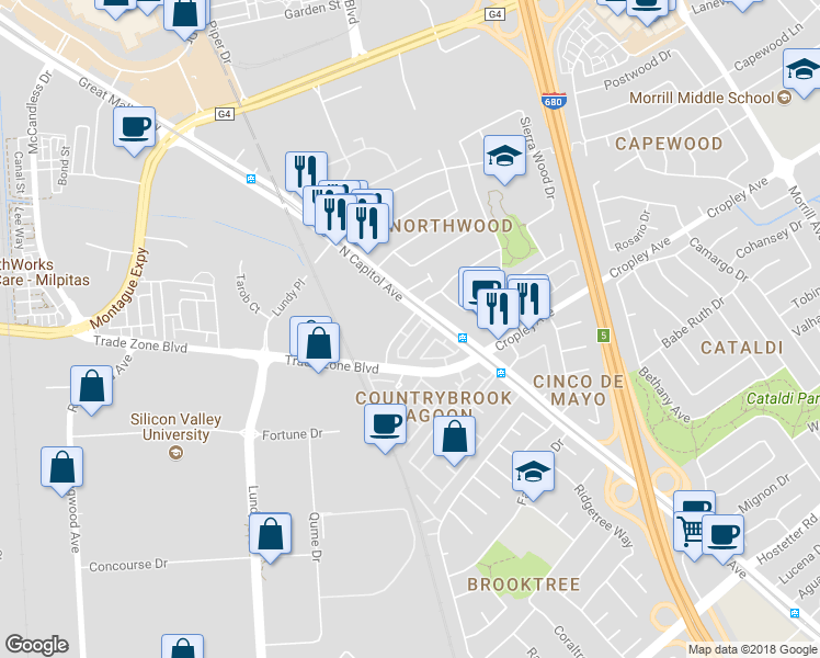 map of restaurants, bars, coffee shops, grocery stores, and more near 2498 Autumnvale Drive in San Jose