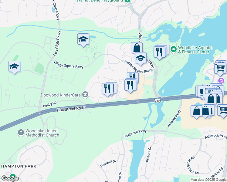 map of restaurants, bars, coffee shops, grocery stores, and more near 14818 Dogwood Villas Drive in Chesterfield