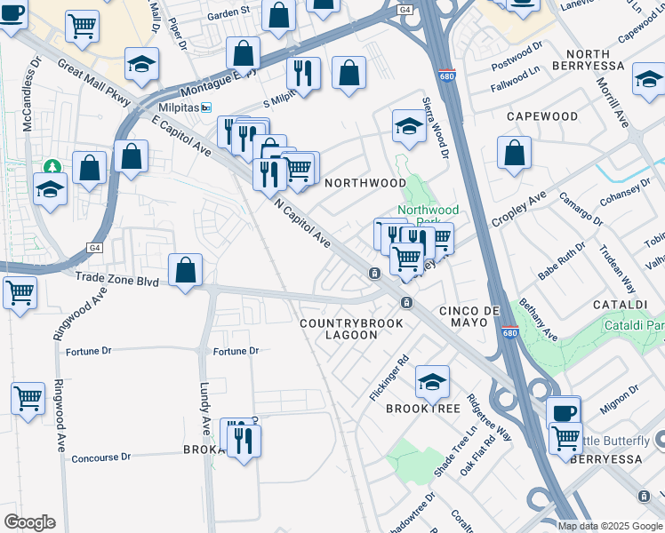 map of restaurants, bars, coffee shops, grocery stores, and more near 2498 Autumnvale Drive in San Jose