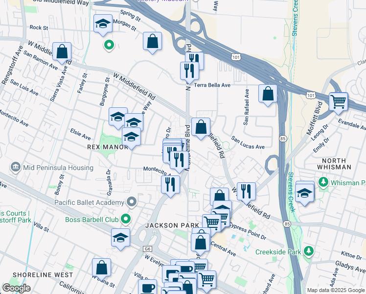 map of restaurants, bars, coffee shops, grocery stores, and more near 3 Comstock Queen Court in Mountain View
