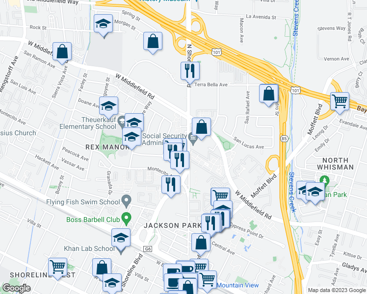 map of restaurants, bars, coffee shops, grocery stores, and more near 3 Comstock Queen Court in Mountain View