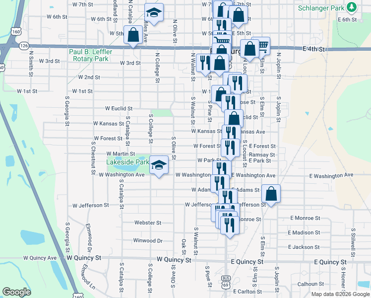 map of restaurants, bars, coffee shops, grocery stores, and more near 211 West Forest Street in Pittsburg