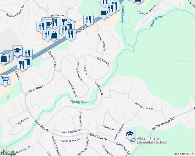 map of restaurants, bars, coffee shops, grocery stores, and more near 7006 Full Rack Drive in Midlothian