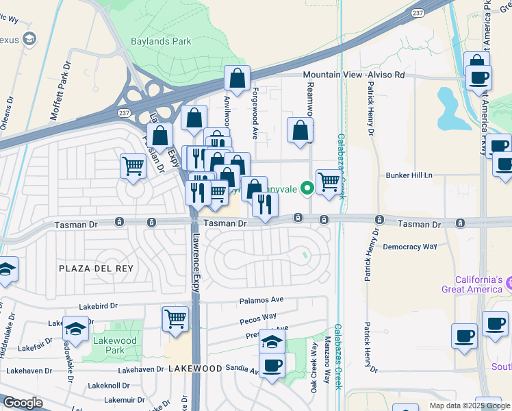 map of restaurants, bars, coffee shops, grocery stores, and more near 1242 Birchwood Drive in Sunnyvale